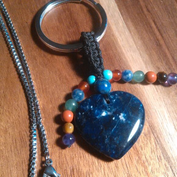Lapis Lazuli Stainless Steel Heart Pendant Necklace and Sodalite Heart Keychain - Picture 4 of 10